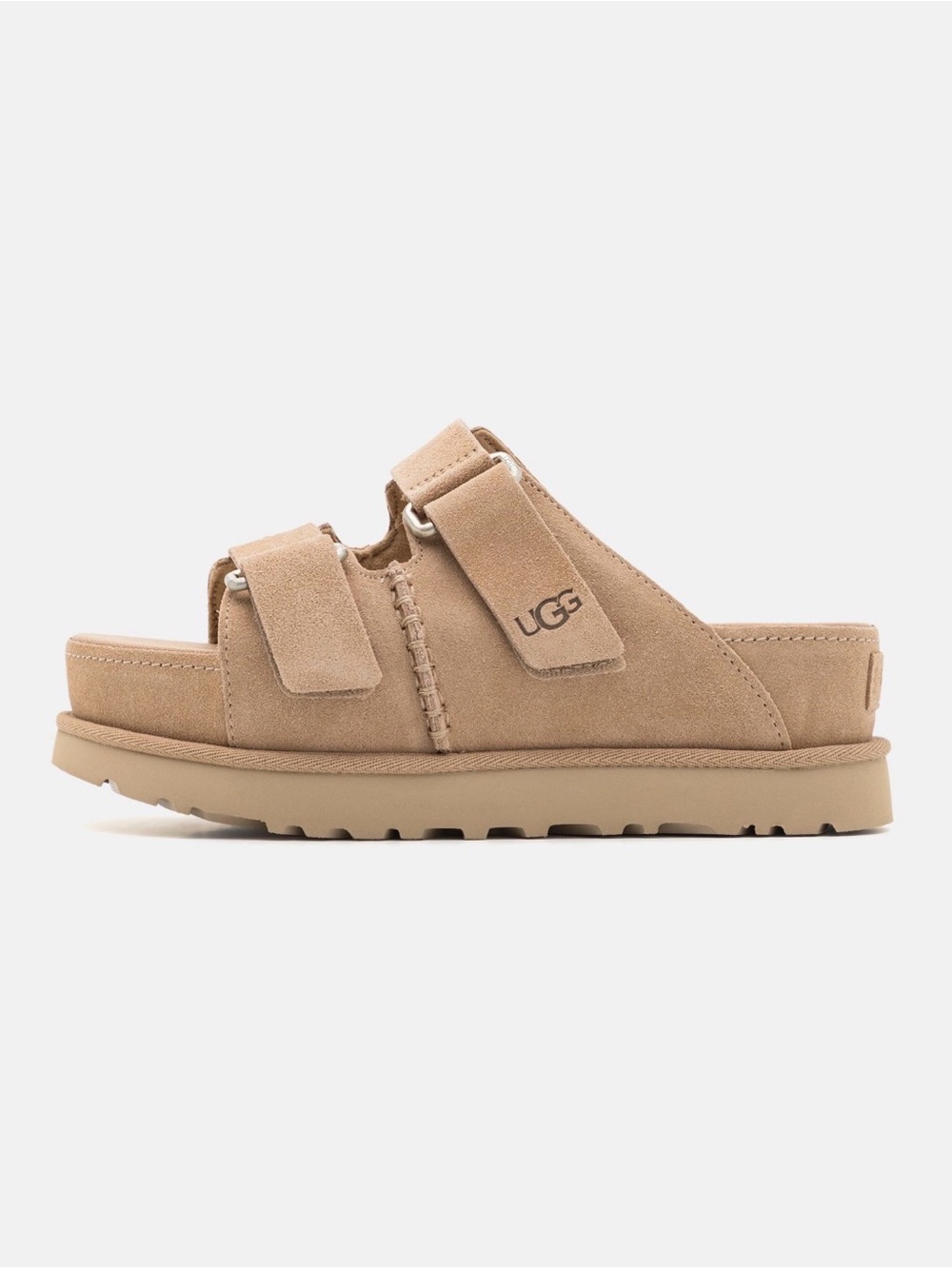 UGG Women's sand Color Suede Double-Strap Slide Platform Sandal, size8 NEW